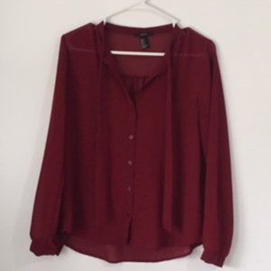 Forever 21 Maroon Sheer long Sleeved Blouse Med